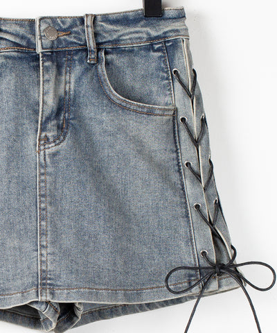 レースアップストレッチデニムミニスカパン ／ lace up stretch denim mini skirt pants