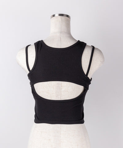 【 ２color 】レースアップリボンカットアウトリブショートタンク ／ laceup ribbon cutout rib short tank
