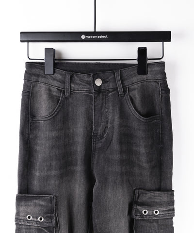 カーゴデザインヴィンテージライクダメージストレッチフレアデニム ／ cargo design vintage-like damage stretch flare denim