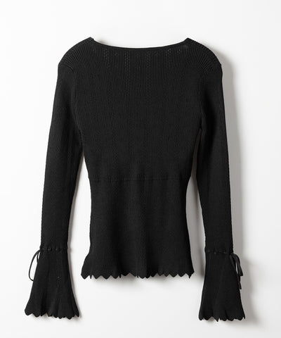 フレアリボンスリーブ透かし編みニットカーディガン ／ flare ribbon sleeve openwork knit cardigan