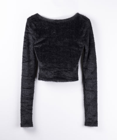 クロスストラップスクエアショートシャギーカーディガン ／ cross strap square short shaggy cardigan