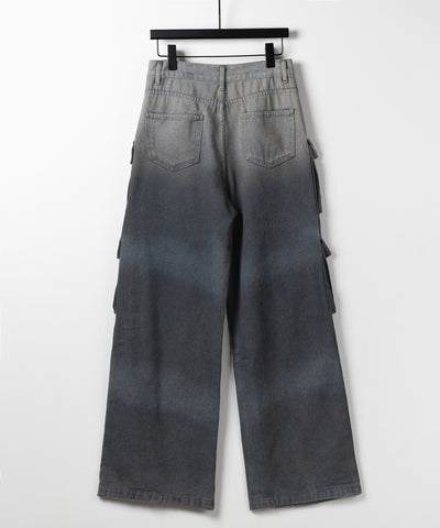 【 ３color ／４size 】オーバーダイグラデーションヴィンテージワイドカーゴデニム ／ overdyed gradation vintage wide cargo denim