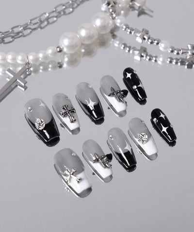 モノトーンクロスキラキラフレンチネイルチップ ／ monotone cross kirakira french nail tips