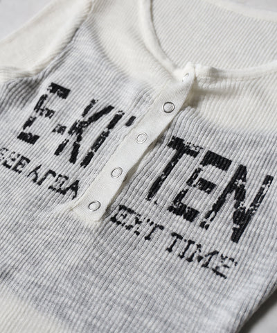 ヘンリーネックフェイクレイヤードロゴ長袖シアーニットトップス ／ henly neck fake layered logo longsleeve sheer rib knit tops