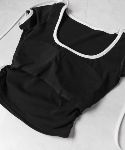 【 ２WAY ／ ２color 】配色ネックリボンチョーカーパイピングＴシャツ ／ bicolor neck ribbon choker piping T-shirt