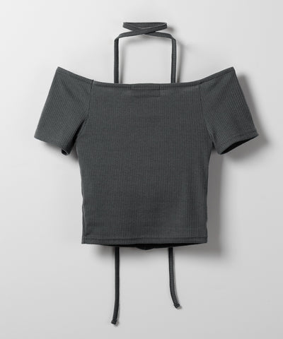 【 ２WAY 】ストラップリボンオフショルダーリブトップス ／ strap ribbon off shoulder rib tops