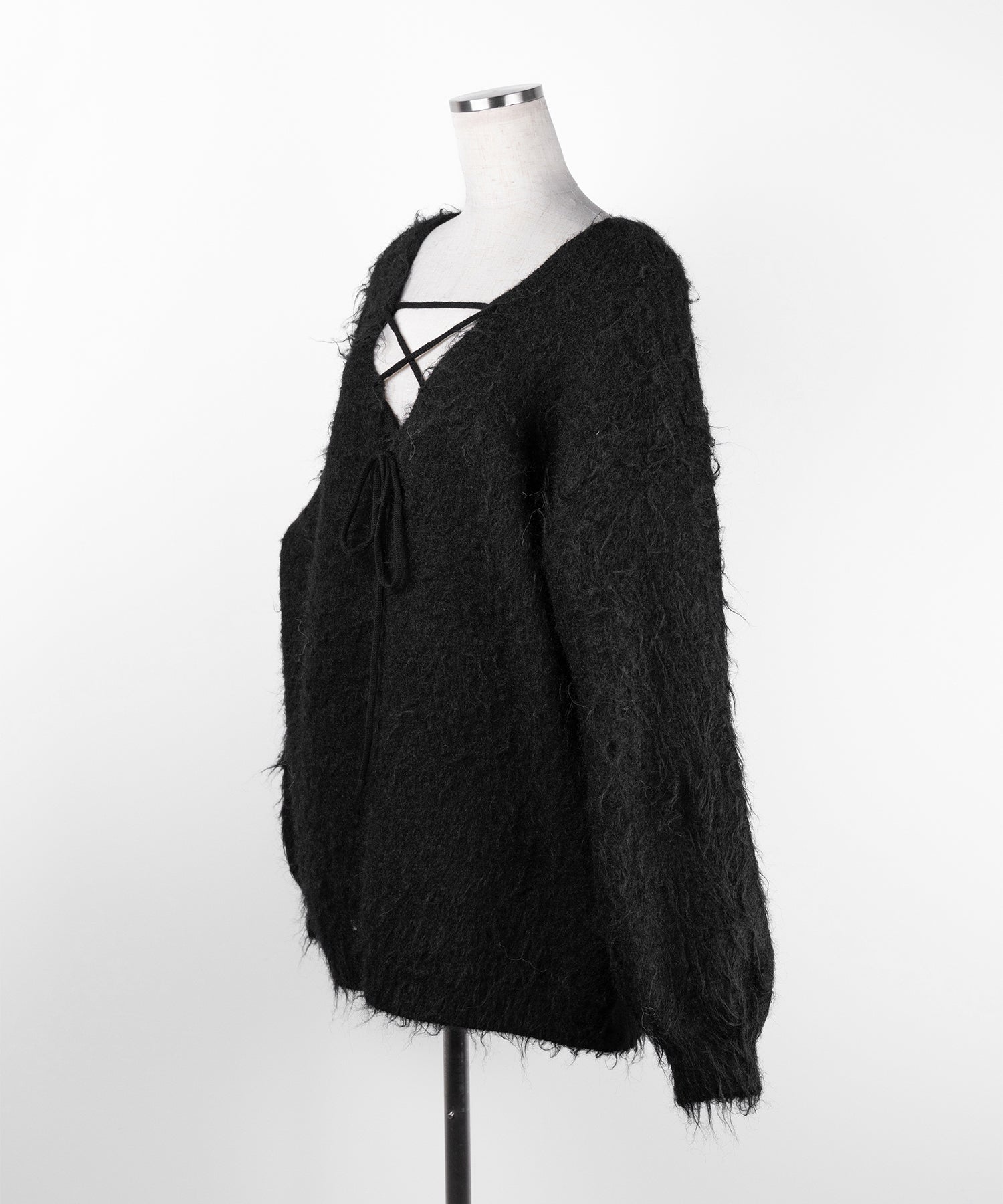 レースアップリボンオーバーシャギーニットカーディガン ／ lace up ribbon over shaggy knit cardigan