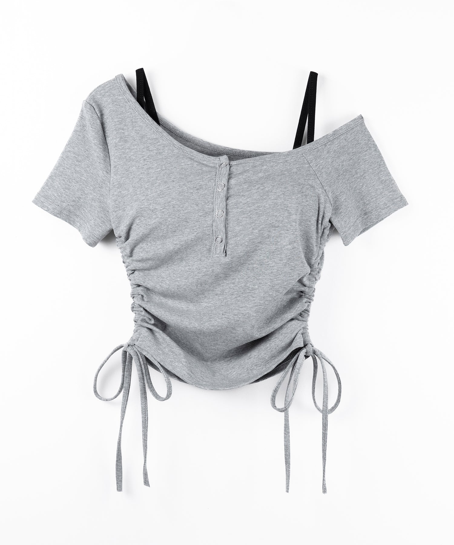 【 ２点セット 】ヘンリーネックサイドリボン半袖ぴちＴシャツ ／ Henley neck side ribbon short-sleeve pichi T-shirt