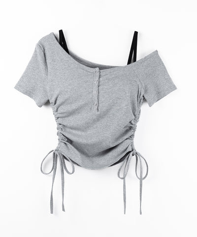 【 ２点セット 】ヘンリーネックサイドリボン半袖ぴちＴシャツ ／ Henley neck side ribbon short-sleeve pichi T-shirt