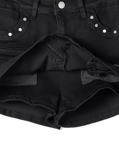 スタッズジップデザインストレッチデニムミニスカパン／ studs zip design stretch denim mini skirt pants