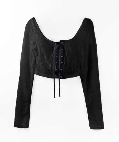 【 ２color 】レースアップコルセットリボンショートレーストップス ／ laceup corset ribbon short lace tops