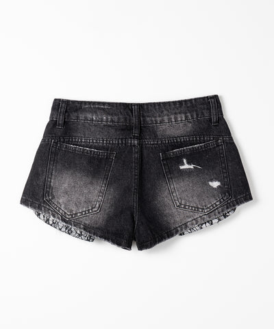 レースポケットダメージデニムマイクロショートパンツ／ lace pocket damage denim micro short pants