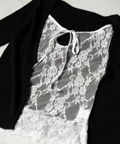 フロントリボンレースレイヤードリブニットカーディガン ／ front ribbon lace layered lib knit cardigan