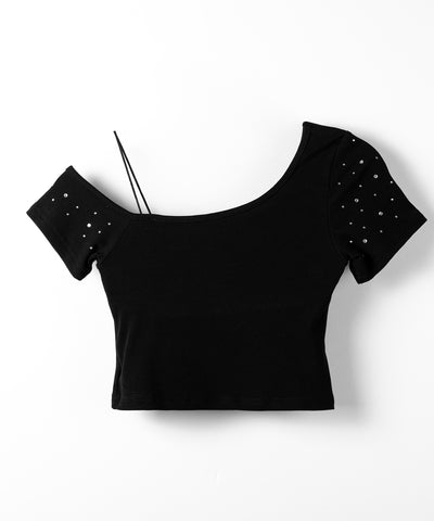 ラインストーンワンショルダーショートTシャツ ／ Rhine stone one shoulder short T-shirts