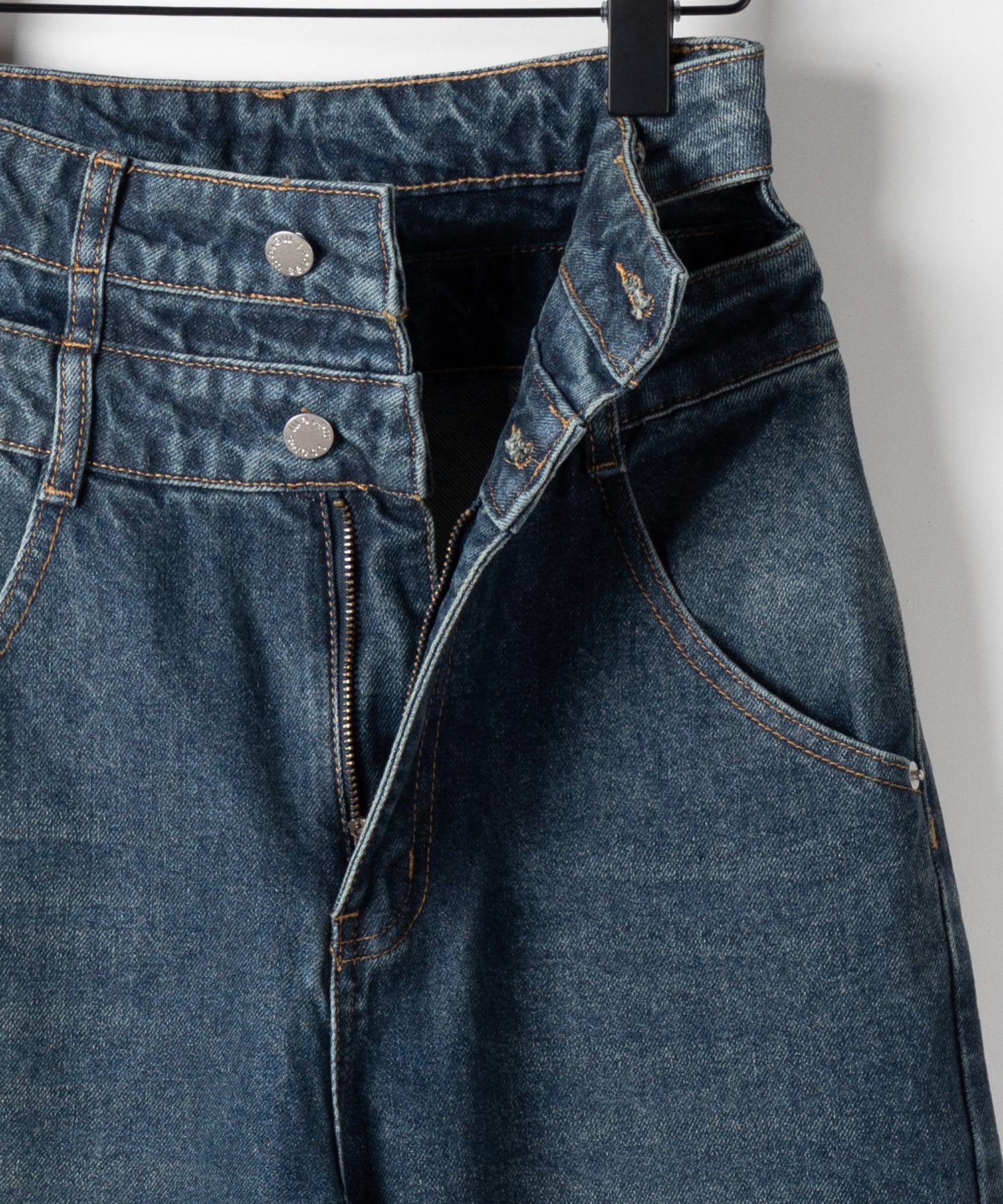 【２color ／４size 】カットアウトダブルハイウエストワイドデニム ／　cutout double high waist wide denim