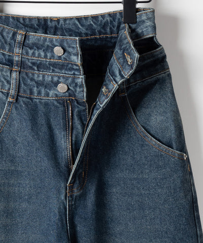 【２color ／４size 】カットアウトダブルハイウエストワイドデニム ／　cutout double high waist wide denim