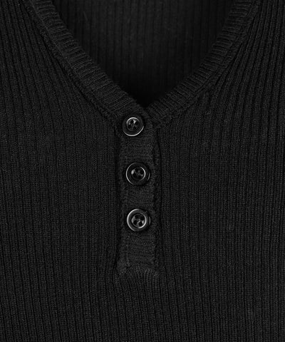 ヘンリーネックタイトフィット半袖リブニットトップス ／ Henley neck tight fit short sleeve rib knit tops