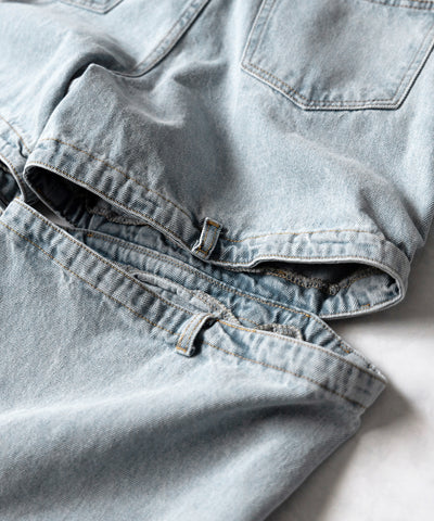 【 選べる３サイズ 】バックオープンカットアウトウォッシュワイドデニム ／ Back open cutout washed wide denim