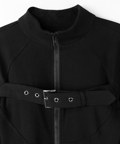 スタンドカラーベルテッドダブルジップスリムトップス ／ stand collar belted double zip slim tops
