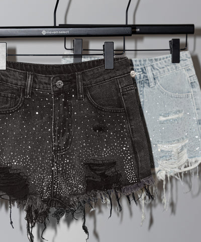 ラインストーンクラッシュダメージデニムショートパンツ／Rhinestone crash damage denim short pants