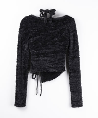 【 ３color 】クロスネックシャーリングリボンシャギートップス ／ cross neck shirring ribbon shaggy tops