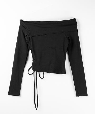 シャーリングリボンショートオフショルカットソートップス ／ shirring ribbon short off shoulder cutsew tops