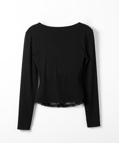 【 人気アイテムの長袖verが新登場！ 】レースレイヤードヘンリーネックスクエア長袖Ｔシャツ ／ lace layered henley neck square long sleeve T-shirt