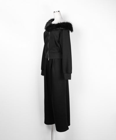 【 セットアップ 】ファーダブルジップワンショルスウェット＆タックワイドスウェットパンツ ／ Fur double-zip one-shoulder sweatshirt ＆ tuck wide sweatpants SETUP