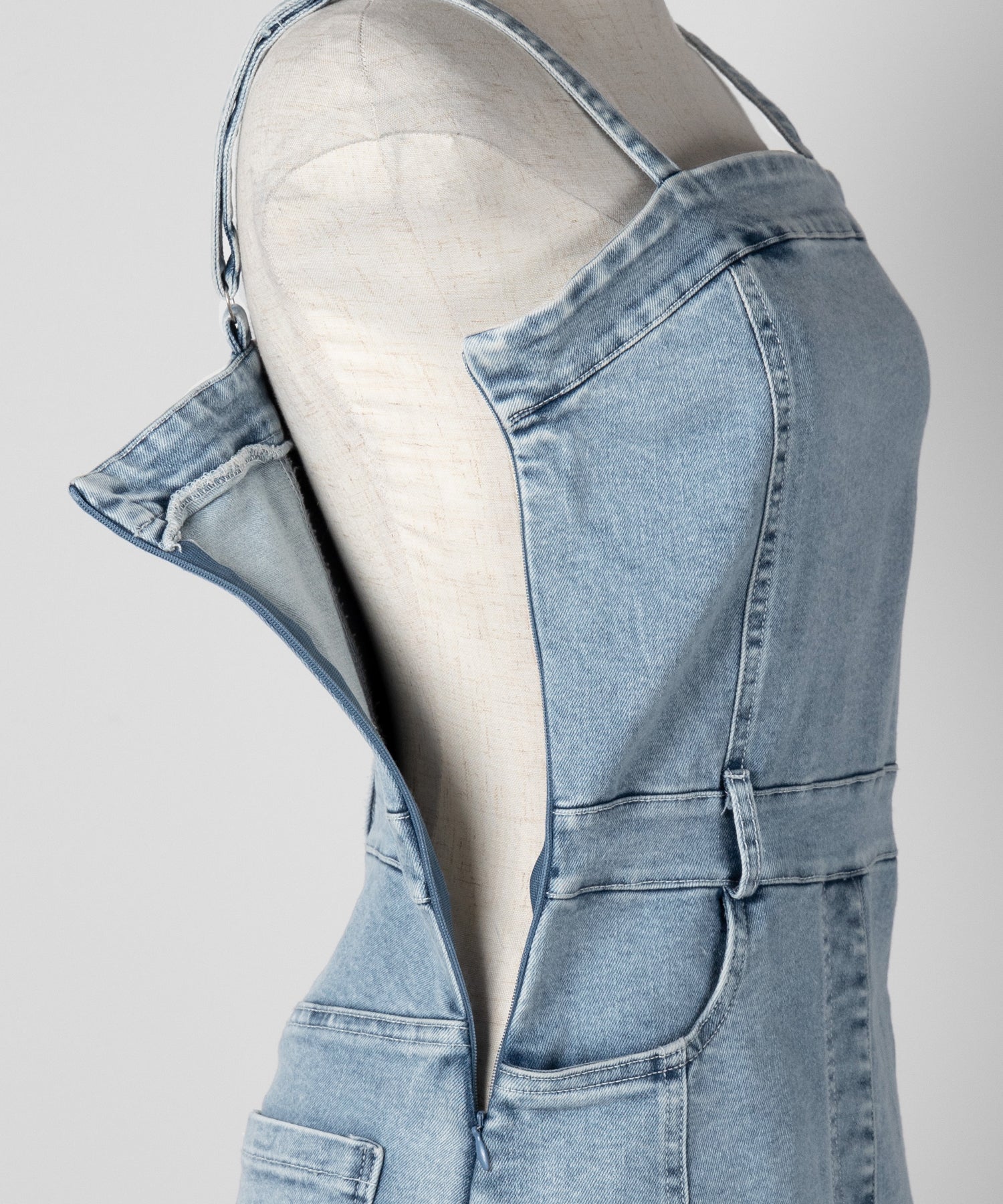 【 ２color 】ウォッシュデニムハイウエストミニキャミワンピース ／ wash denim high waist mini cami onepiece