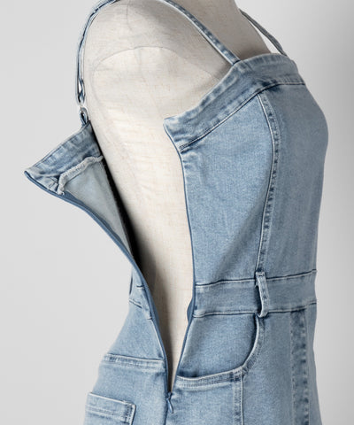 【 ２color 】ウォッシュデニムハイウエストミニキャミワンピース ／ wash denim high waist mini cami onepiece