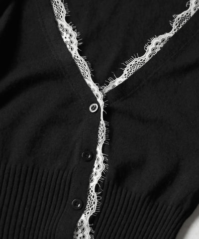 レースドッキングウエストリブ長袖ニットカーディガン ／ lace docking waist lib longsleeve knit cardigan