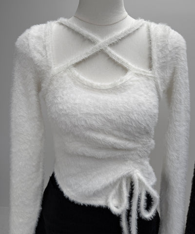【 ３color 】クロスネックシャーリングリボンシャギートップス ／ cross neck shirring ribbon shaggy tops