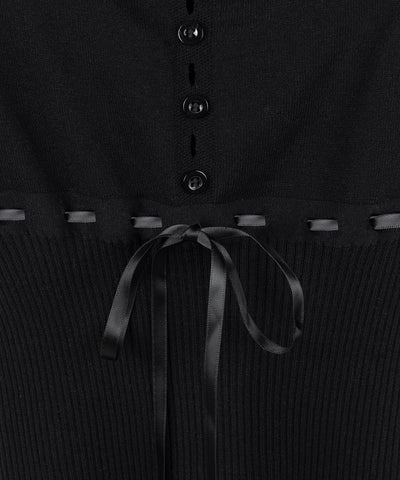 フロントリボンスクエア半袖ニットトップス / front ribbon square short sleeve knit tops