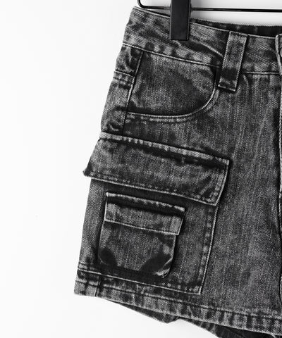 【 デニムセットアップ着用可能 】ヴィンテージケミカルブリーチカーゴデニムミニスカパン ／ vintage chemical bleach cargo denim mini skirt pants