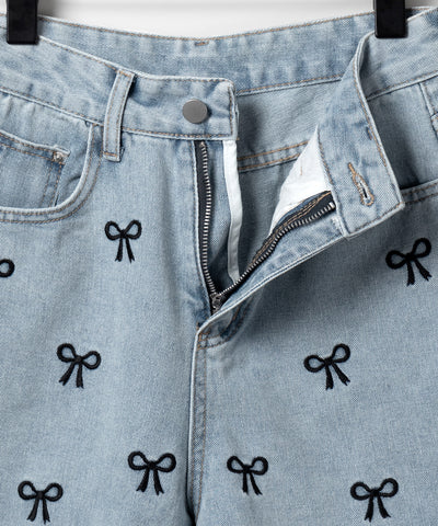 【 ２color 】ミニリボン刺繍ハイウエストデニムショートパンツ ／ mini ribbon  embroidery high waist denim short pants