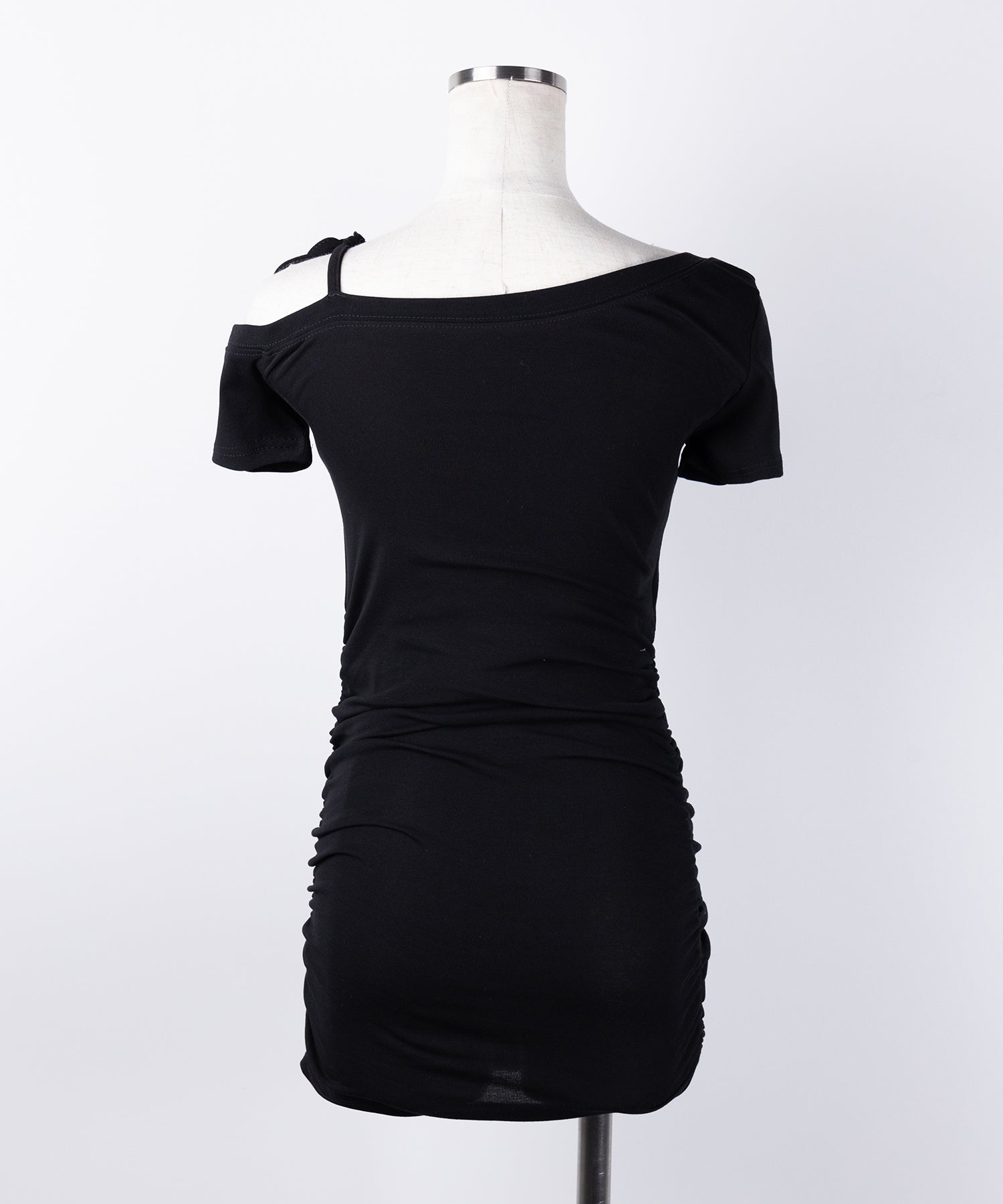 【 ２color ／ カップ付き 】ワンショルリボン半袖カットソーミニワンピ ／ one shoulder ribbon short sleeve cutsew mini onepiece