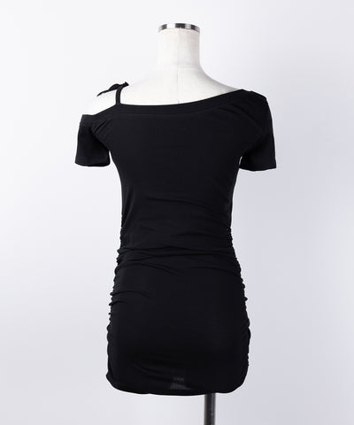 【 ２color ／ カップ付き 】ワンショルリボン半袖カットソーミニワンピ ／ one shoulder ribbon short sleeve cutsew mini onepiece