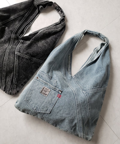 【 ２color 】リメイクウォッシュトライアングルデニムショルダーバッグ ／ remade wash triangle denim shoulder bag