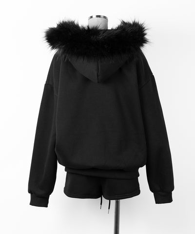 【 セットアップ 】裏起毛ファーフードオーバージップパーカー＆スウェットショートパンツ ／ Urakimo fur over zip hoodie ＆ sweat short pants SETUP