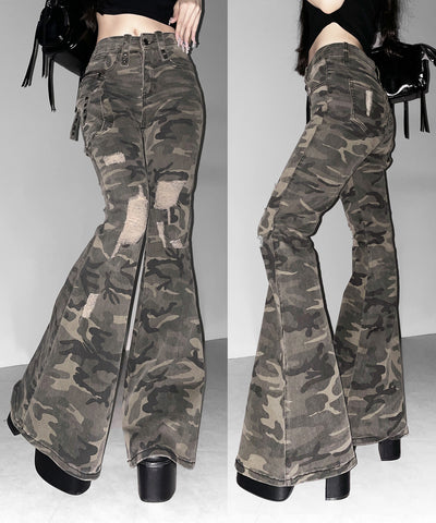 ヴィンテージカモフラ迷彩ダメージフレアデニムパンツ ／ vintage camouflage damage flared denim pants