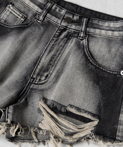 【 ２color 】クラッシュダメージブリーチデニムショートパンツ ／ crush damaged bleach denim short pants