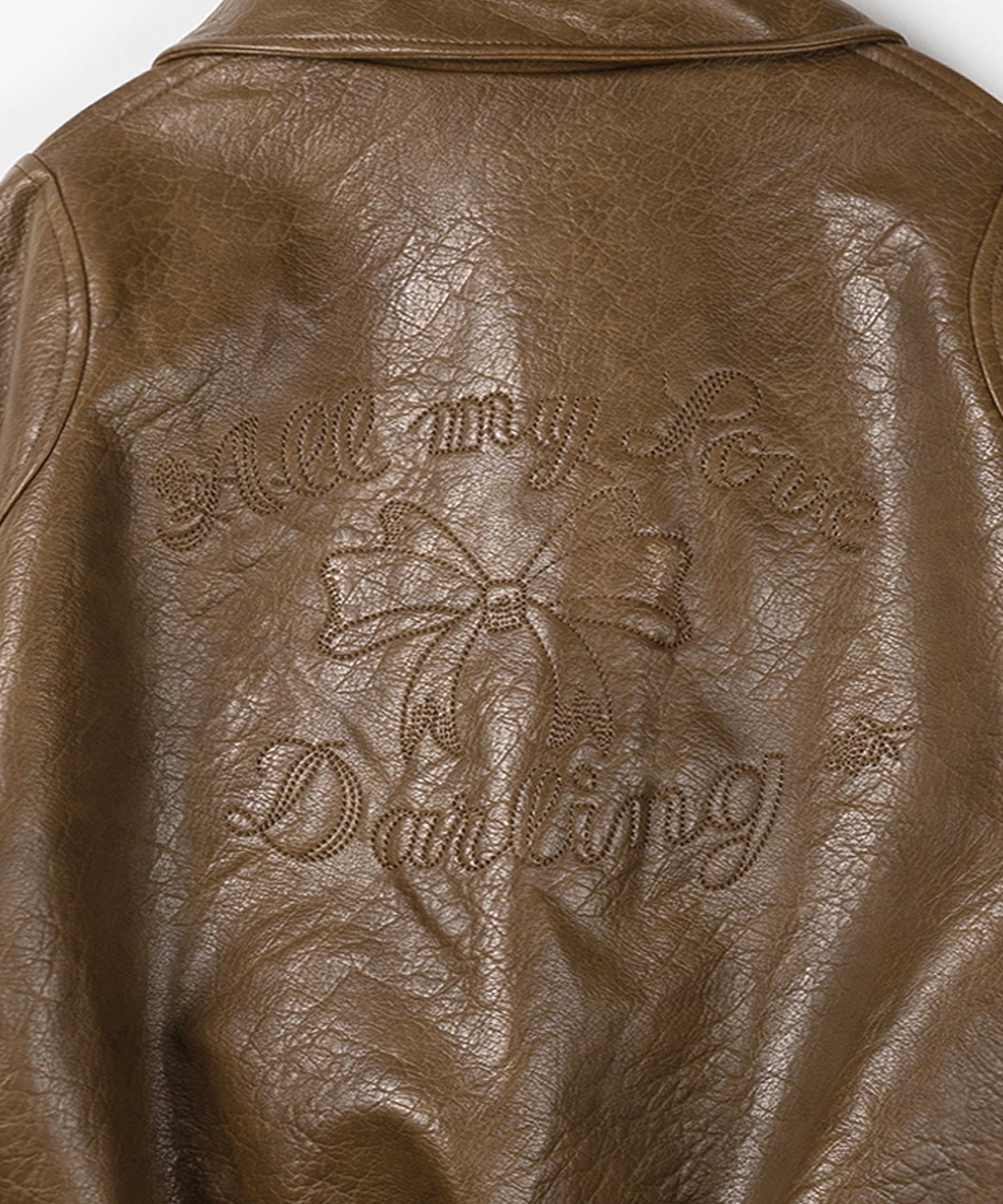 【 ２color 】バックリボン刺繍ヴィンテージライクフェイクレザーブルゾン ／ back ribbon vintage like fake leather blouson