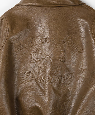 【 ２color 】バックリボン刺繍ヴィンテージライクフェイクレザーブルゾン ／ back ribbon vintage like fake leather blouson