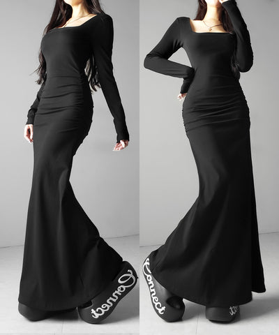 スクエアネックシャーリングマーメイド長袖ロングタイトワンピ ／ Square neck shirring mermaid long-sleeved long tight onepiece