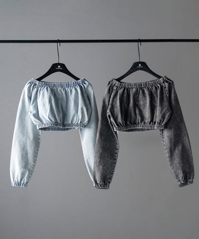 【 ２color 】ヴィンテージデニムギャザーオフショルトップス ／ vintage denim gathered off shoulder tops