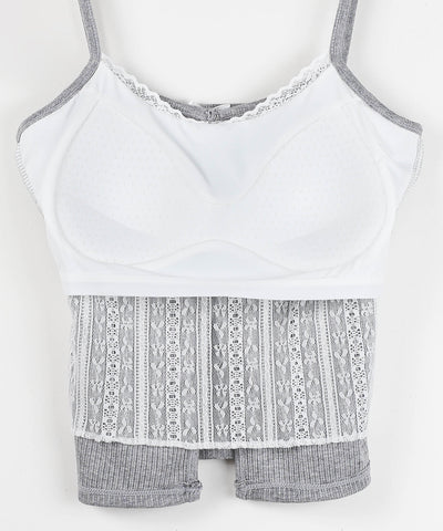フロントリボンレースレイヤードリブキャミソール ／Front ribbon lace layered ribbed camisole