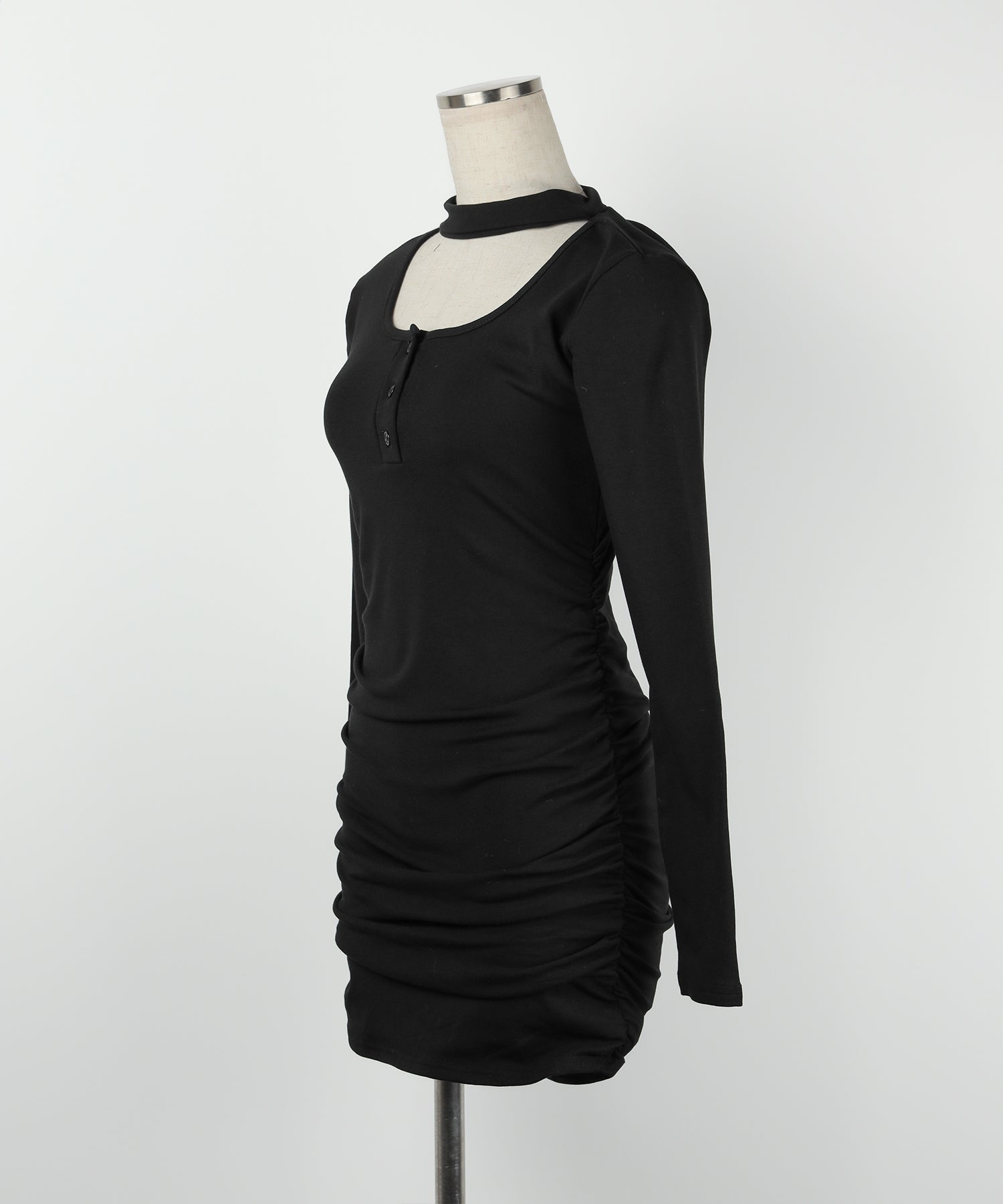 【 ３color ／ 裏起毛 】チョーカーネックシャーリングミニワンピース ／ choker neck shirring mini onepiece