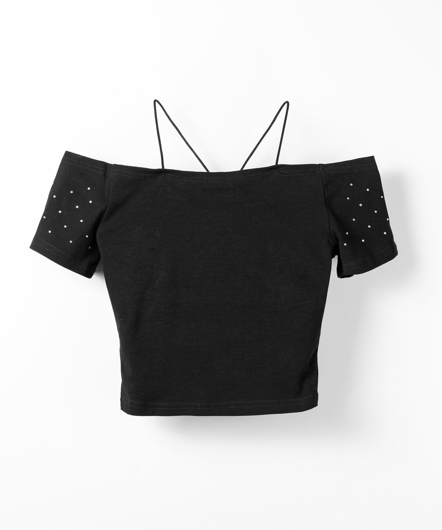 ラインストーンクロスネックショートTシャツ ／ Rhine stone cross neck short T-shirts