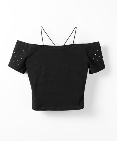 ラインストーンクロスネックショートTシャツ ／ Rhine stone cross neck short T-shirts