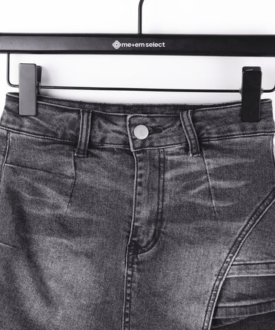 【 インパン裏地付 】カットアウトベルトストラップデニムミニスカパン ／ cutout belt strap denim mini skirt pants